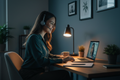 A female salesperson wearing headphone and talking to client on a laptop. The setting is slightly dark