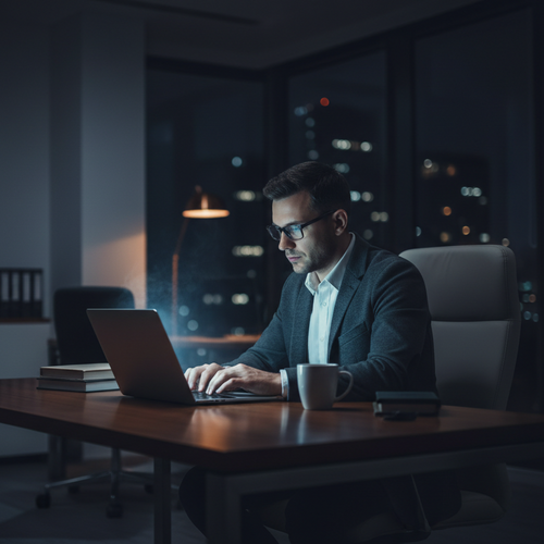 A man typing on laptop. Environment is a bit dark